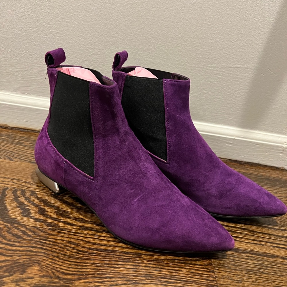 Purple suede pointed toe silver heel bootie